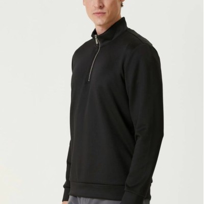 Erkek 3 iplik Pamuklu Uzun Kol Yarım Farmuarlı Yakalı SweatShirt - Siyah