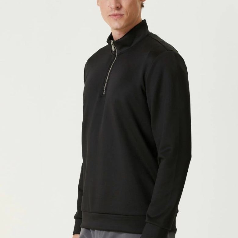 Erkek 3 iplik Pamuklu Uzun Kol Yarım Farmuarlı Yakalı SweatShirt - Siyah