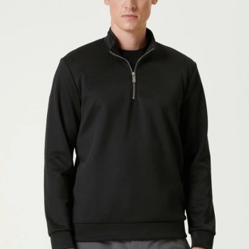 Erkek 3 iplik Pamuklu Uzun Kol Yarım Farmuarlı Yakalı SweatShirt - Siyah