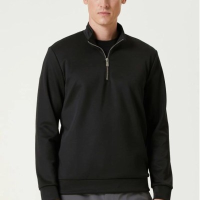 Erkek 3 iplik Pamuklu Uzun Kol Yarım Farmuarlı Yakalı SweatShirt - Siyah