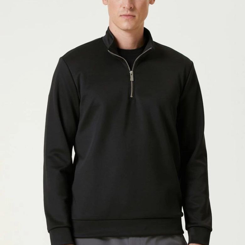 Erkek 3 iplik Pamuklu Uzun Kol Yarım Farmuarlı Yakalı SweatShirt - Siyah
