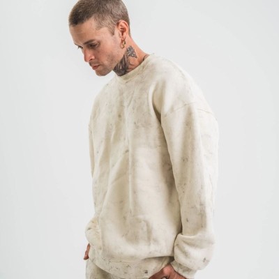Erkek 3 İplik Pamuklu Yağ Yıkamalı Bisiklet Yaka Sweatshirt Oversize Hoodie - Krem