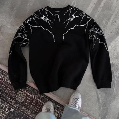 Erkek 3 iplik pamuklu Yıldırım Baskılı Bisiklet Yaka SweatShirt - Siyah Erkek 3 iplik pamuklu Yıldırım Baskılı Bisiklet Yaka SweatShirt - Siyah