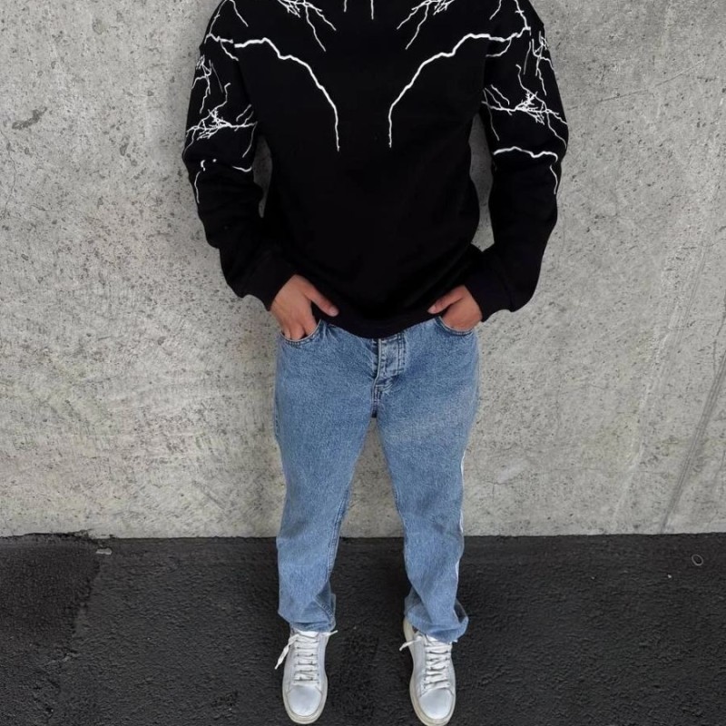 Erkek 3 iplik pamuklu Yıldırım Baskılı Bisiklet Yaka SweatShirt - Siyah Erkek 3 iplik pamuklu Yıldırım Baskılı Bisiklet Yaka SweatShirt - Siyah