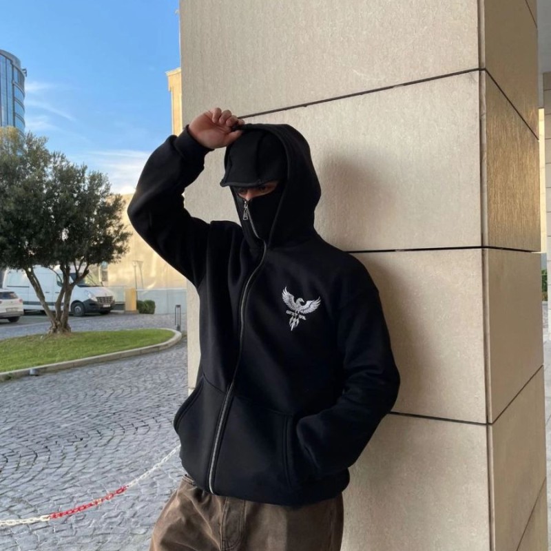 Erkek 3 iplik Samuray kapüşonlu ZIP Fermuarlı SweatShirt Hoodie - Siyah Erkek 3 iplik Samuray kapüşonlu ZIP Fermuarlı SweatShirt Hoodie - Siyah