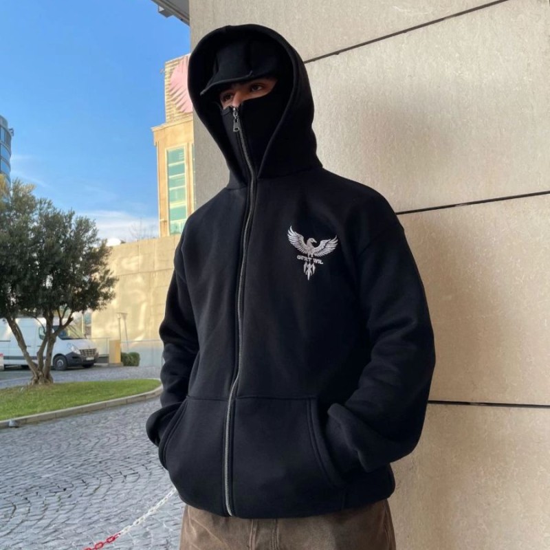 Erkek 3 iplik Samuray kapüşonlu ZIP Fermuarlı SweatShirt Hoodie - Siyah Erkek 3 iplik Samuray kapüşonlu ZIP Fermuarlı SweatShirt Hoodie - Siyah