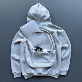 Erkek 3 İplik Şardonlu Tam Fermuarlı Kapüşonlu Arka Çanta Detaylı Sweatshirt - Gri