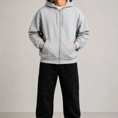 Erkek 3 İplik Şardonlu Tam Fermuarlı Kapüşonlu Arka Çanta Detaylı Sweatshirt - Gri