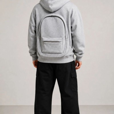 Erkek 3 İplik Şardonlu Tam Fermuarlı Kapüşonlu Arka Çanta Detaylı Sweatshirt - Gri