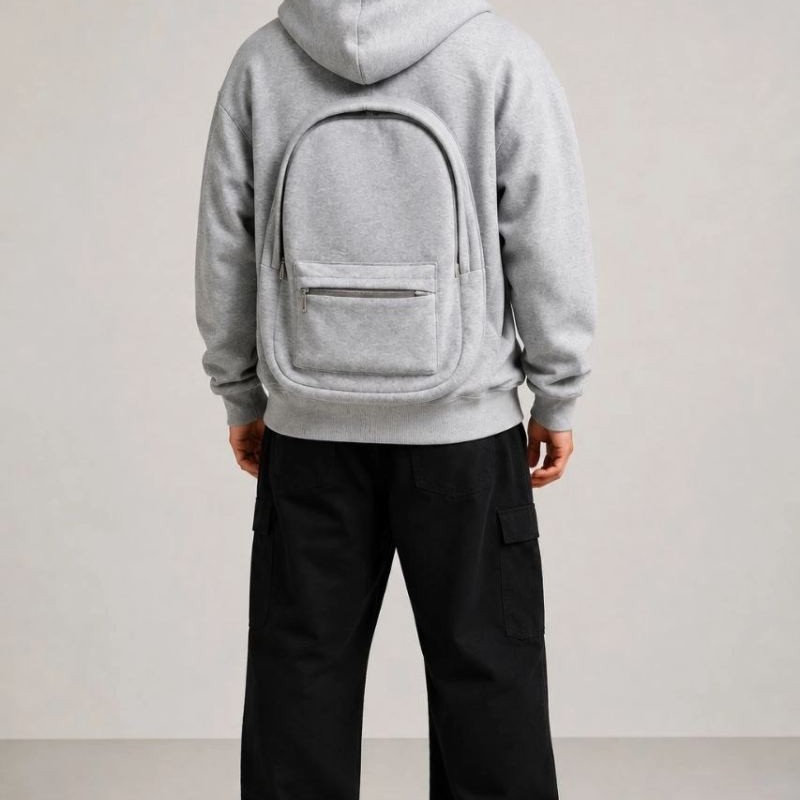 Erkek 3 İplik Şardonlu Tam Fermuarlı Kapüşonlu Arka Çanta Detaylı Sweatshirt - Gri