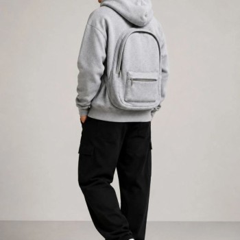 Erkek 3 İplik Şardonlu Tam Fermuarlı Kapüşonlu Arka Çanta Detaylı Sweatshirt - Gri