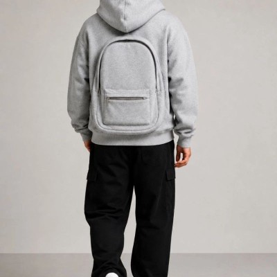 Erkek 3 İplik Şardonlu Tam Fermuarlı Kapüşonlu Arka Çanta Detaylı Sweatshirt - Gri