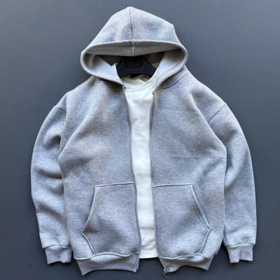 Erkek 3 İplik Şardonlu Tam Fermuarlı Kapüşonlu Arka Çanta Detaylı Sweatshirt - Gri
