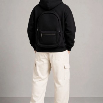 Erkek 3 İplik Şardonlu Tam Fermuarlı Kapüşonlu Arka Çanta Detaylı Sweatshirt - Siyah