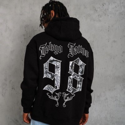 Erkek 98 Baskılı Kapüşonlu 3 iplik pamuklu hoodie Sweatshirt - Siyah Erkek 98 Baskılı Kapüşonlu 3 iplik pamuklu hoodie Sweatshirt - Siyah