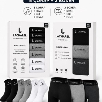 Erkek 9'Lu İç Giyim Seti Pamuklu 3 Boxer 6 Çorap Çoklu Paket - Siyah - Füme - Gri - Beyaz