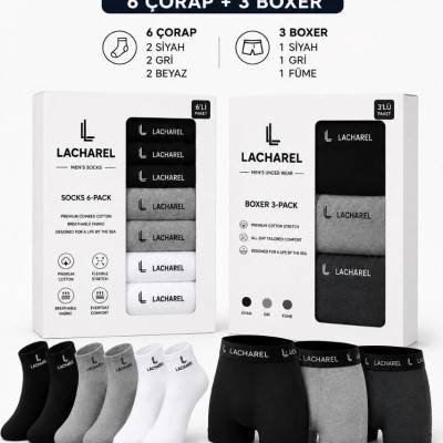 Erkek 9'Lu İç Giyim Seti Pamuklu 3 Boxer 6 Çorap Çoklu Paket - Siyah - Füme - Gri - Beyaz Erkek 9'Lu İç Giyim Seti Pamuklu 3 Boxer 6 Çorap Çoklu Paket - Siyah - Füme - Gri - Beyaz