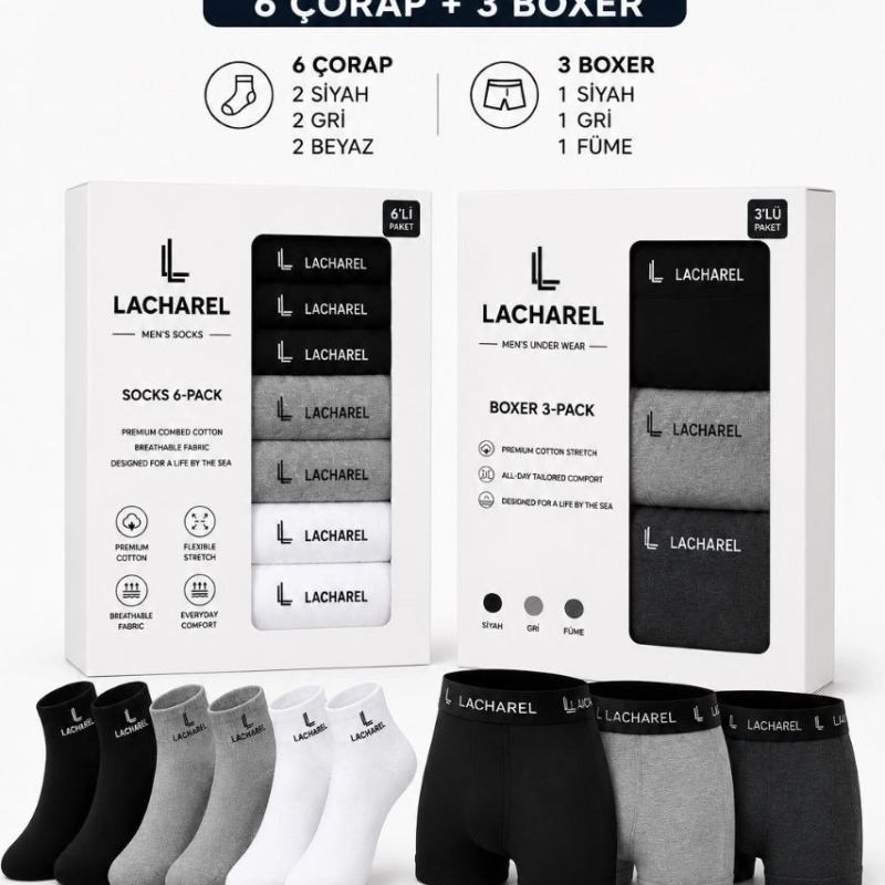 Erkek 9'Lu İç Giyim Seti Pamuklu 3 Boxer 6 Çorap Çoklu Paket - Siyah - Füme - Gri - Beyaz Erkek 9'Lu İç Giyim Seti Pamuklu 3 Boxer 6 Çorap Çoklu Paket - Siyah - Füme - Gri - Beyaz
