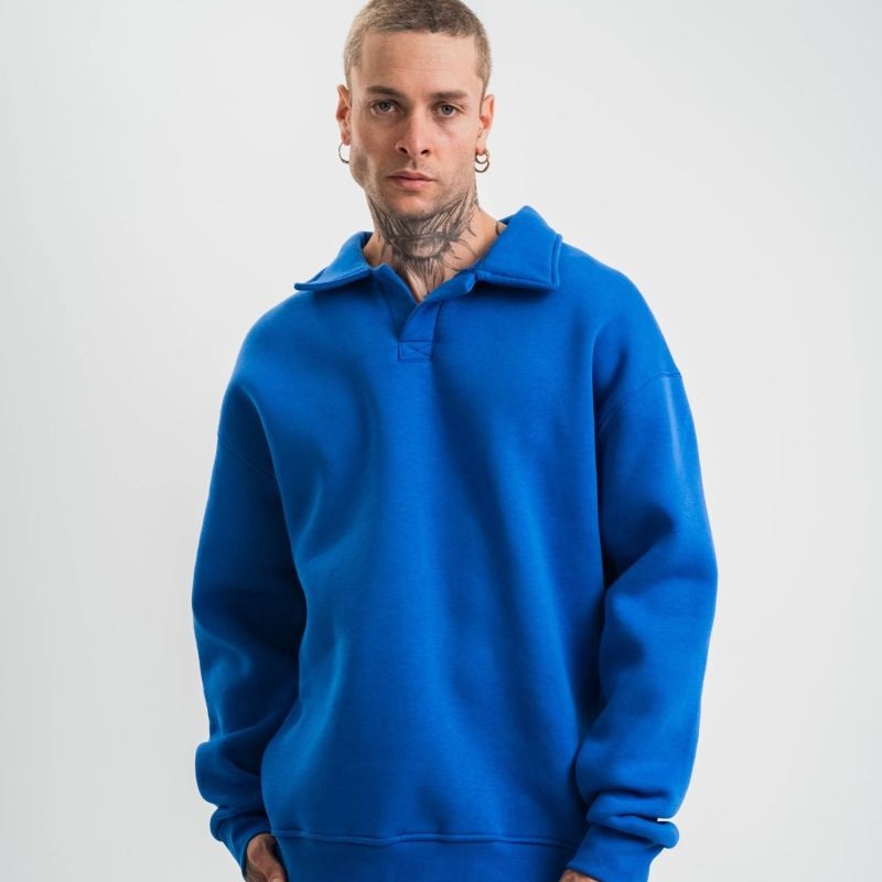 Erkek Açık Yakalı Oversize 3 İplik Pamuklu Sweatshirt - Mavii
