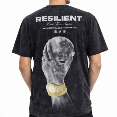 Erkek Asit Yıkamalı Baskılı Tişört Bisiklet Yaka Kısa Kollu Streetwear T-shirt - Siyah Erkek Asit Yıkamalı Baskılı Tişört Bisiklet Yaka Kısa Kollu Streetwear T-shirt - Siyah