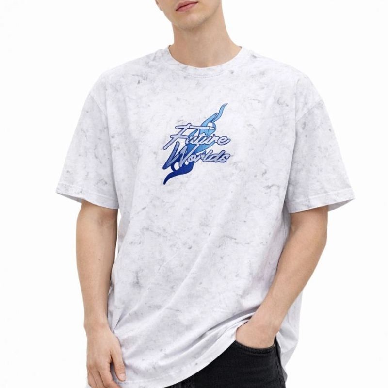 Erkek Asit Yıkamalı Oversize Tişört Bisiklet Yaka Kısa Kol T-shirt - Beyaz