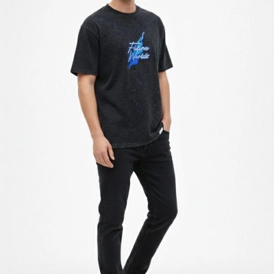 Erkek Asit Yıkamalı Oversize Tişört Bisiklet Yaka Kısa Kol T-shirt - Siyah Erkek Asit Yıkamalı Oversize Tişört Bisiklet Yaka Kısa Kol T-shirt - Siyah