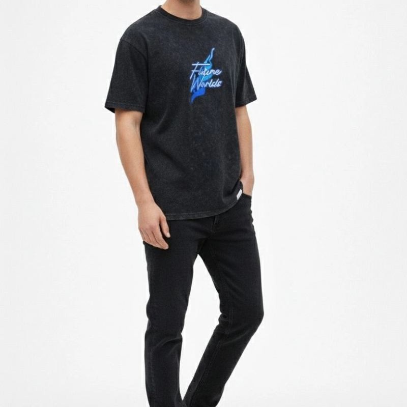 Erkek Asit Yıkamalı Oversize Tişört Bisiklet Yaka Kısa Kol T-shirt - Siyah Erkek Asit Yıkamalı Oversize Tişört Bisiklet Yaka Kısa Kol T-shirt - Siyah