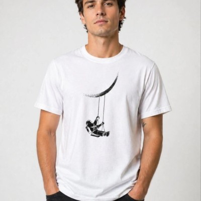 Erkek Astronot Ay Temalı Tişört Kısa Kol Yazlık Bisiklet Yaka T-Shirt - Beyaz Erkek Astronot Ay Temalı Tişört Kısa Kol Yazlık Bisiklet Yaka T-Shirt - Beyaz