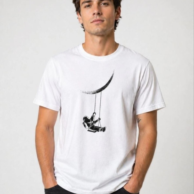 Erkek Astronot Ay Temalı Tişört Kısa Kol Yazlık Bisiklet Yaka T-Shirt - Beyaz Erkek Astronot Ay Temalı Tişört Kısa Kol Yazlık Bisiklet Yaka T-Shirt - Beyaz