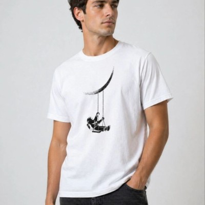 Erkek Astronot Ay Temalı Tişört Kısa Kol Yazlık Bisiklet Yaka T-Shirt - Beyaz Erkek Astronot Ay Temalı Tişört Kısa Kol Yazlık Bisiklet Yaka T-Shirt - Beyaz