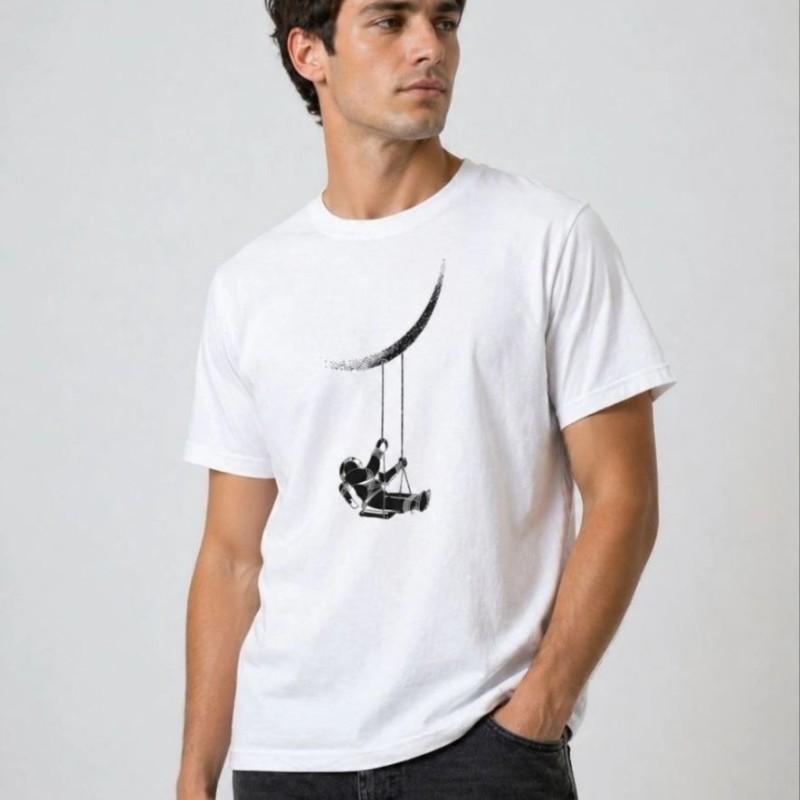 Erkek Astronot Ay Temalı Tişört Kısa Kol Yazlık Bisiklet Yaka T-Shirt - Beyaz Erkek Astronot Ay Temalı Tişört Kısa Kol Yazlık Bisiklet Yaka T-Shirt - Beyaz