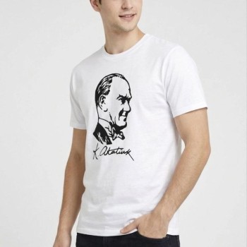 Erkek Atatürk Baskılı Tişört Kısa Kollu Bisiklet Yaka T-Shirt - Beyaz Erkek Atatürk Baskılı Tişört Kısa Kollu Bisiklet Yaka T-Shirt - Beyaz