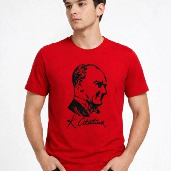 Erkek Atatürk Baskılı Tişört Kısa Kollu Bisiklet Yaka T-Shirt - Kırmızı Erkek Atatürk Baskılı Tişört Kısa Kollu Bisiklet Yaka T-Shirt - Kırmızı