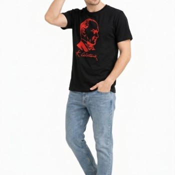 Erkek Atatürk Baskılı Tişört Kısa Kollu Bisiklet Yaka T-Shirt - Siyah Erkek Atatürk Baskılı Tişört Kısa Kollu Bisiklet Yaka T-Shirt - Siyah