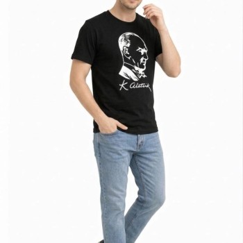 Erkek Atatürk Baskılı Tişört Kısa Kollu Bisiklet Yaka T-Shirt - Siyah Erkek Atatürk Baskılı Tişört Kısa Kollu Bisiklet Yaka T-Shirt - Siyah