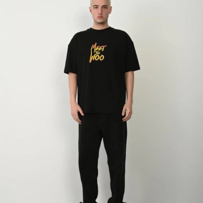Erkek Baskıkı Kısa kok Bisiklet Yaka  T-Shirt - Siyah