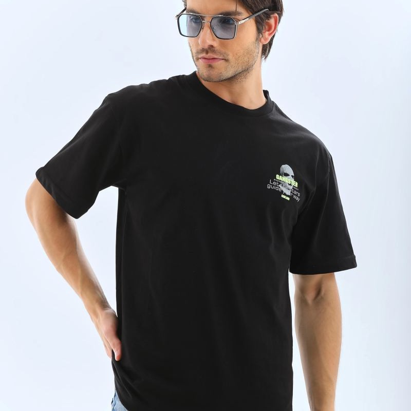 Erkek Baskılı Bisiklet Yaka Kısa kol T-Shirt - Siyah