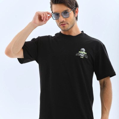 Erkek Baskılı Bisiklet Yaka Kısa kol T-Shirt - Siyah
