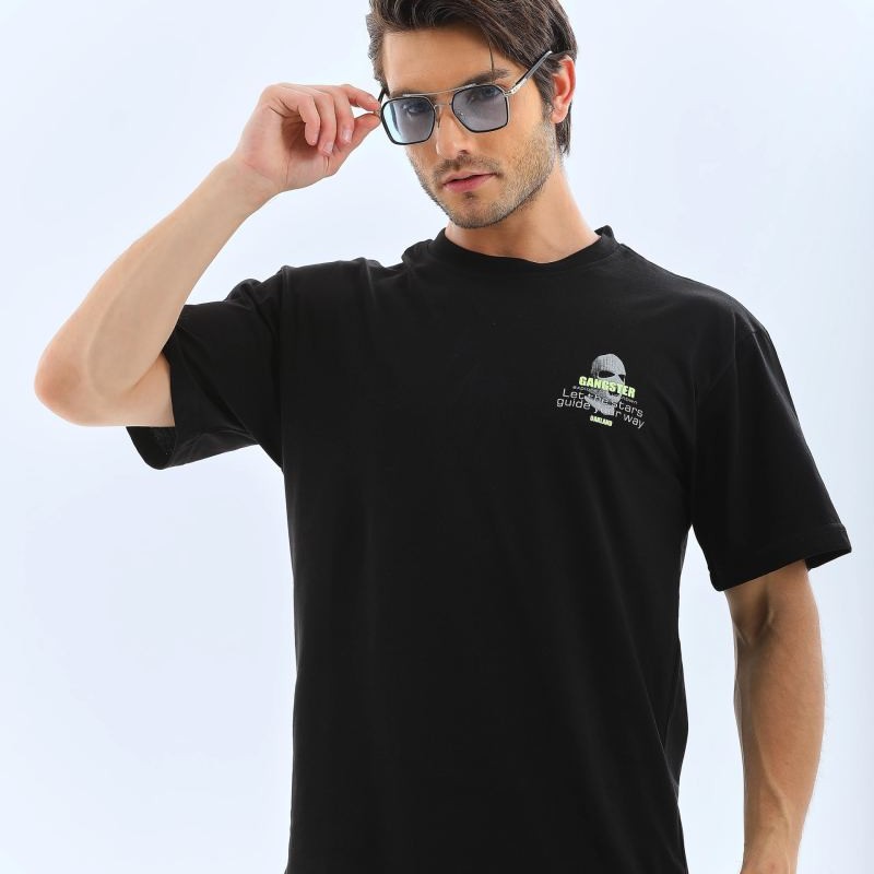 Erkek Baskılı Bisiklet Yaka Kısa kol T-Shirt - Siyah