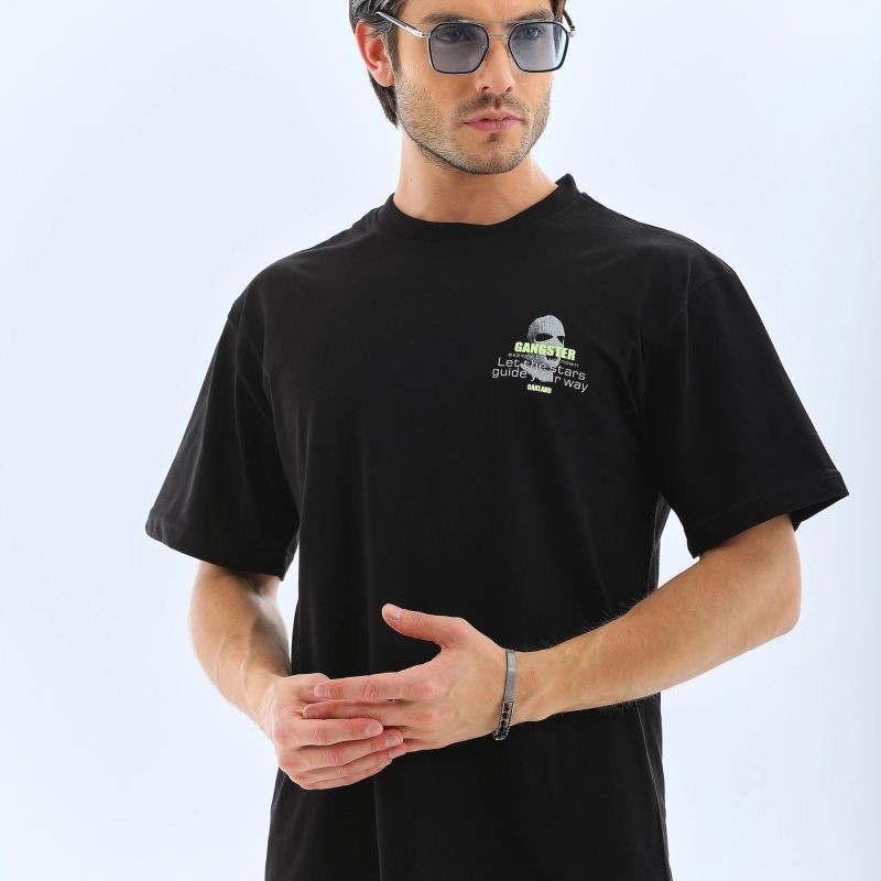 Erkek Baskılı Bisiklet Yaka Kısa kol T-Shirt - Siyah