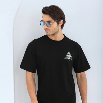 Erkek Baskılı Bisiklet Yaka Kısa kol T-Shirt - Siyah