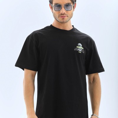 Erkek Baskılı Bisiklet Yaka Kısa kol T-Shirt - Siyah