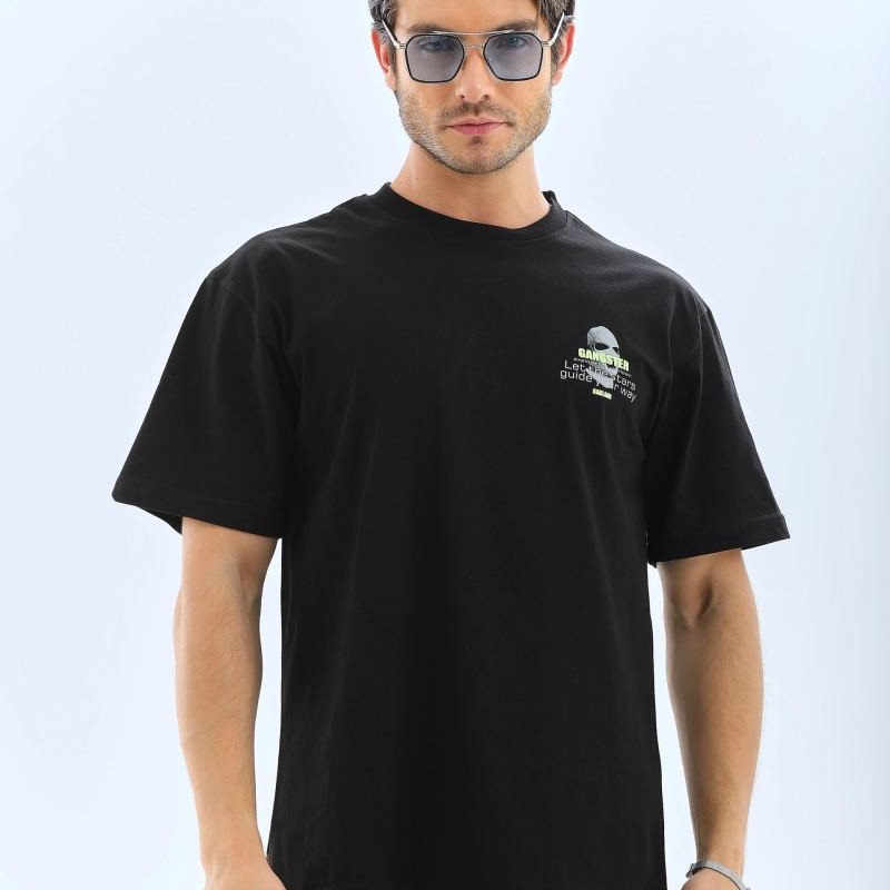 Erkek Baskılı Bisiklet Yaka Kısa kol T-Shirt - Siyah