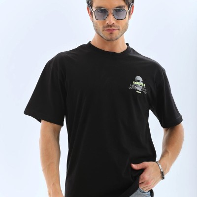 Erkek Baskılı Bisiklet Yaka Kısa kol T-Shirt - Siyah