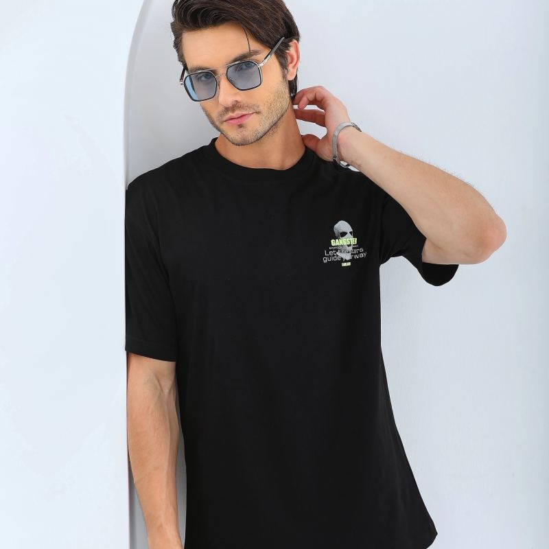 Erkek Baskılı Bisiklet Yaka Kısa kol T-Shirt - Siyah