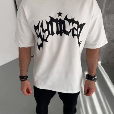 Erkek Baskılı Bisiklet Yaka T-Shirt - Beyaz