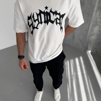 Erkek Baskılı Bisiklet Yaka T-Shirt - Beyaz