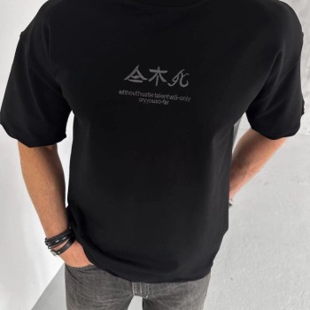 Erkek Baskılı Bisiklet Yaka T-Shirt - Siyah