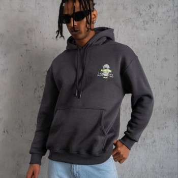 Erkek Baskılı Kapüşonlu 3 iplik pamuklu hoodie Sweatshirt - Gri Erkek Baskılı Kapüşonlu 3 iplik pamuklu hoodie Sweatshirt - Gri