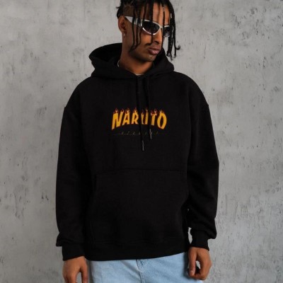 Erkek Baskılı Kapüşonlu 3 iplik pamuklu hoodie Sweatshirt - Siyah